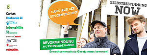 Zu sehen ist ein Folder mit den Aufschriften: Raus aus der Bevormundung, Selbstbestimmung Now, Bevormundung muss ein Ende haben und Erwachsenenschutz-Gesetz muss kommen! 